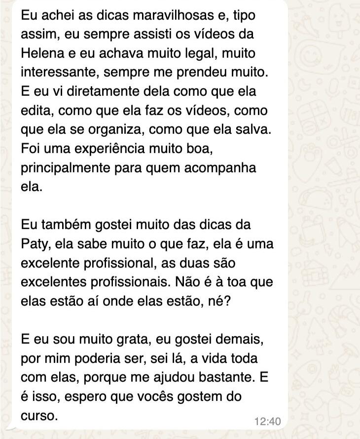 Print de depoimento sobre dicas da Helena e da Paty