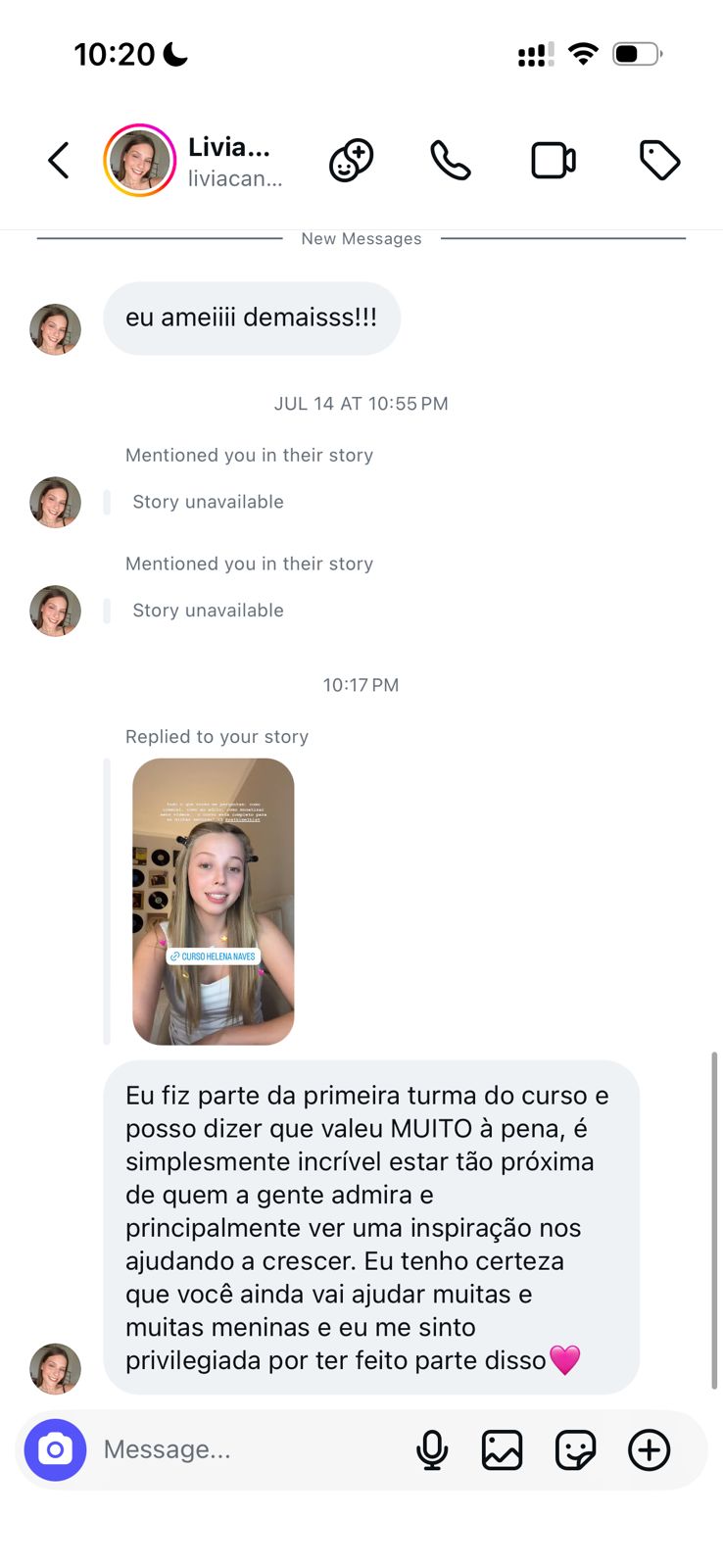 Print de depoimento de aluna da primeira turma