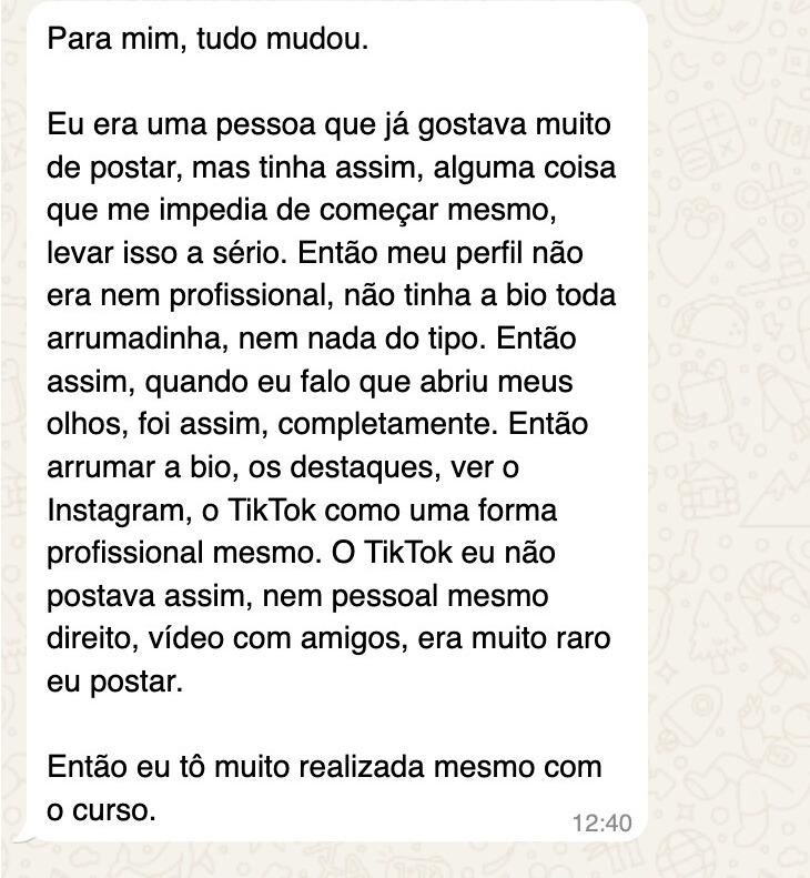 Print de depoimento sobre posicionamento de perfil